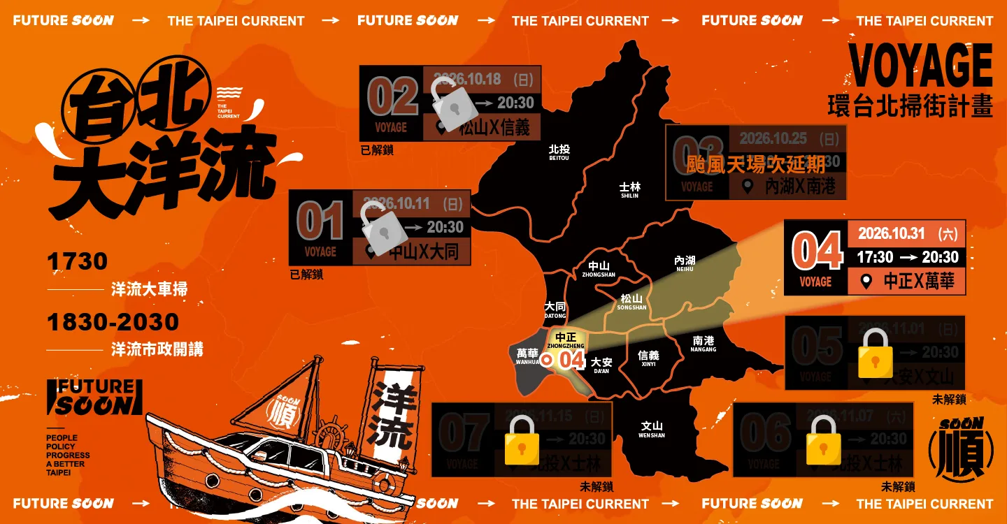 台北大洋流 VOYAGE 環台北掃街計畫路線地圖。第 04 站：2026.10.31（六） 17:30 至 20:30，中正、萬華。其餘航程尚未解鎖。